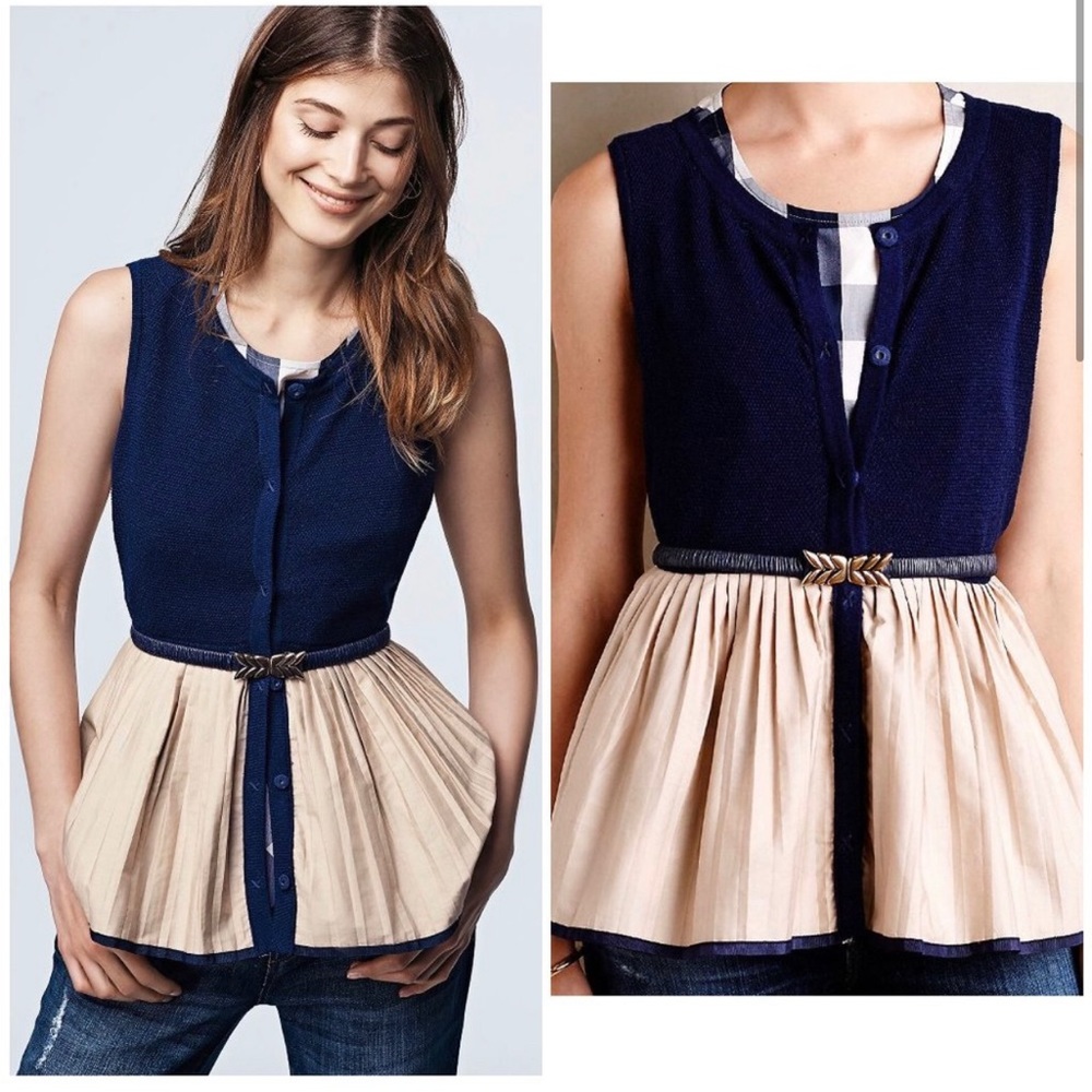 Anthropologie Moth Tank Top Size XS Darcy Peplum Navy Beige Summer Mixed Fabric